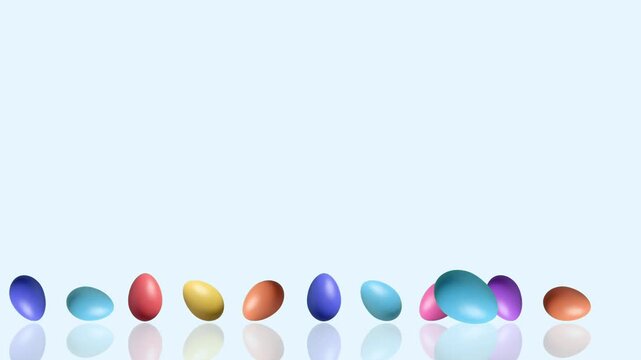 4K animated Easter scene with a standout blue egg rolling ahead of colorful eggs in a smooth loop on soft blue background, featuring reflection for a modern and playful greeting design.