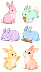 Fototapeta premium Cute Bunny Cartoon Collection, Pastel Rabbits in Different Poses