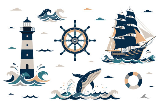 Colorful nautical and maritime illustration with lighthouse ship wheel and sailing ship isolated design elements  featuring a whale jumping from waves and a life buoy for ocean travel adventure themes