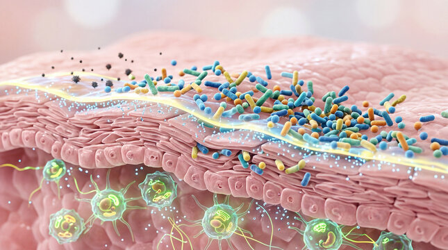 Healthy skin microbiome illustration showing diverse bacteria on epidermis, protective barrier, and immune cells beneath, highlighting balance and defense functions