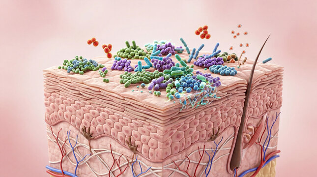 Skin microbiome healthy bacteria microorganism diversity human skin cross section hair follicle epidermis dermis 3D illustration medical science anatomy pink background