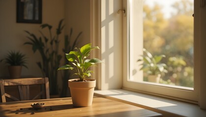Fototapeta premium Flowers in Pot with Soft Sunlight by Window