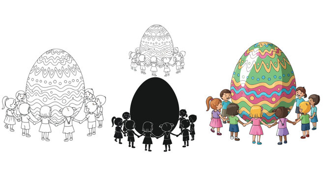 Vector illustration of diverse children holding hands in a playful circle around a giant decorated Easter egg design, perfect for springtime holiday graphics.