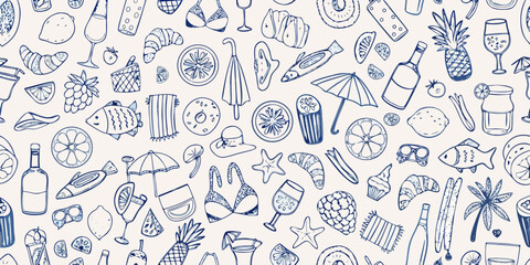 A charming repeating pattern featuring summer and vacation themed doodles © AnupKumar