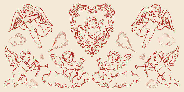 Vintage illustration of cherubic angels with bows and arrows and ornate frames