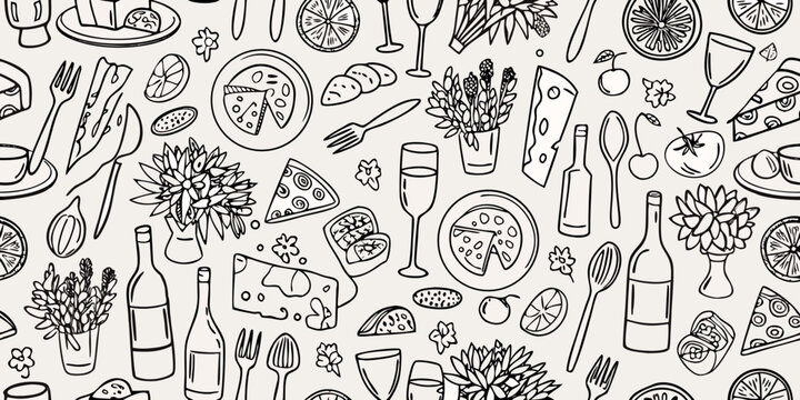 A detailed black and white pattern of food flowers and dining elements