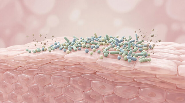 Healthy skin microbiome with diverse bacteria on smooth pink epidermis, representing balance, protection, and natural skin barrier in close up scientific illustration
