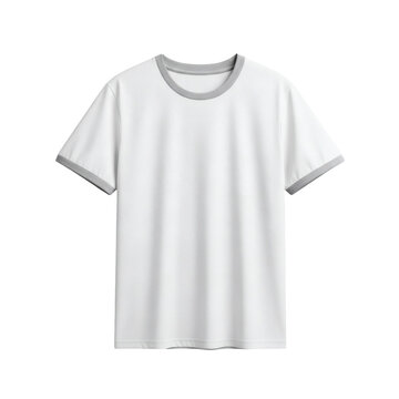 Front view of a blank white short-sleeve ringer t-shirt with grey trim on collar and sleeves, isolated on a transparent background, perfect for mockup designs. Transparent Background