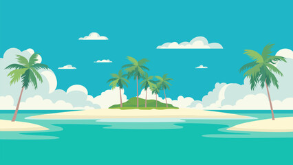 Fototapeta premium Seaside beach landscape. Sunny summer day, beautiful ocean view, paradise islands with sandy shores and palm trees. Vector illustration for beach vacations.