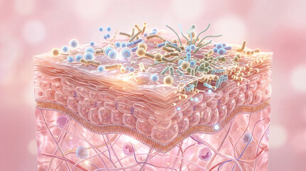 Healthy skin microbiome with diverse bacteria and fungi on human epidermis, showing balanced microorganisms, glowing complexion, and hydrated tissue in soft pink background