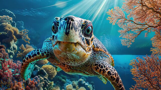 Close-up of a sea turtle swimming underwater. Vibrant coral reef environment with bright sunrays piercing through the blue ocean water. Marine wildlife and nature concept