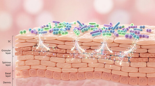 Skin microbiome healthy bacteria on epidermis cross section showing layers including stratum corneum granular layer spinous layer basal layer and dermis glowing particles soft pink background