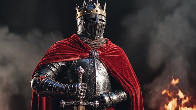 Medieval knight in armor with crown