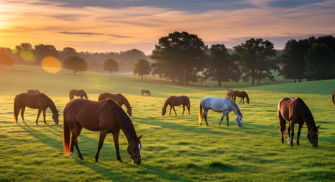 Majestic Thoroughbred Horses Grazing Peacefully in a Lush Green Meadow Under a Golden Sunset Sky within a Scenic Rural Countryside Landscape at Dusk