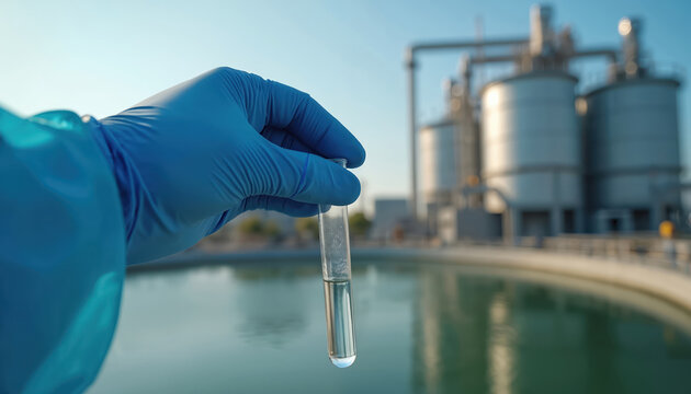 Scientist in blue glove holds water sample tube near wastewater treatment plant. Water purification facility tests liquid for quality and environmental safety. Research is done for clean city water.