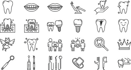 Dental care line icons set dentist tools teeth hygiene orthodontic treatment outline illustration collection