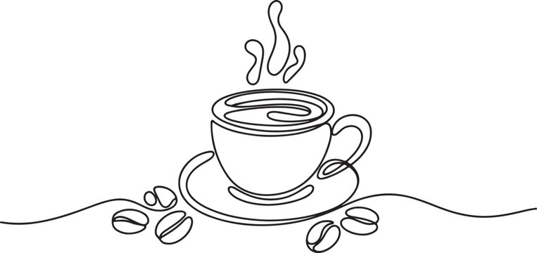 Coffee cup continuous line drawing with cup of coffee and coffee beans breakfast. One line draw graphic design vector
