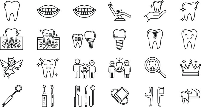 Dental care line icons set dentist tools teeth hygiene orthodontic treatment outline illustration collection