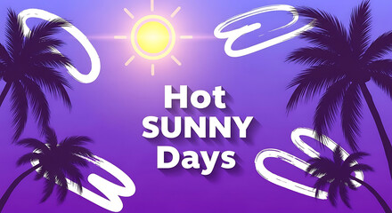 Obraz premium Vibrant Summertime Violet Background Featuring Exotic Palm Trees Golden Summer Sun and Artistic White Brush Strokes for Seasonal Graphic Design Template
