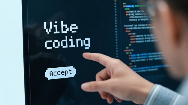 Person interacting with coding interface on screen with Vibe coding text