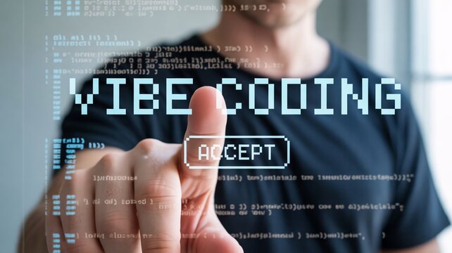 Man interacting with virtual coding interface, accepting vibe coding