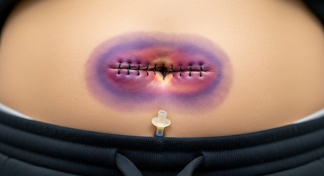 Close-up of a surgical incision with sutures, bruising, and a drainage tube on skin.