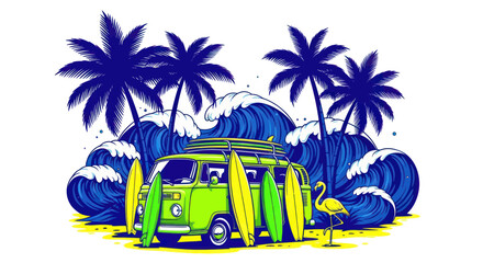 Obraz premium Retro Camper Van with Surfboards and Palm Trees on a Beach with Waves