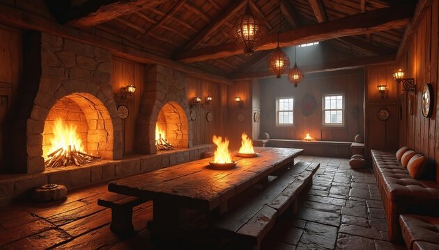 Large viking mead hall with stone fireplaces, wooden table, and benches. Multiple hearths glow warmly with flames, creating cozy ambiance. Rustic interior design.