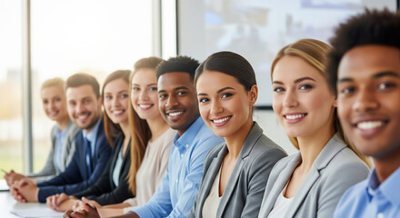 Fototapeta premium Row of diverse corporate business professionals smiling perfectly for positive team unity and success