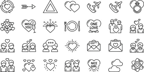 Fototapeta premium Love romance line icons set relationship wedding valentine heart communication outline collection