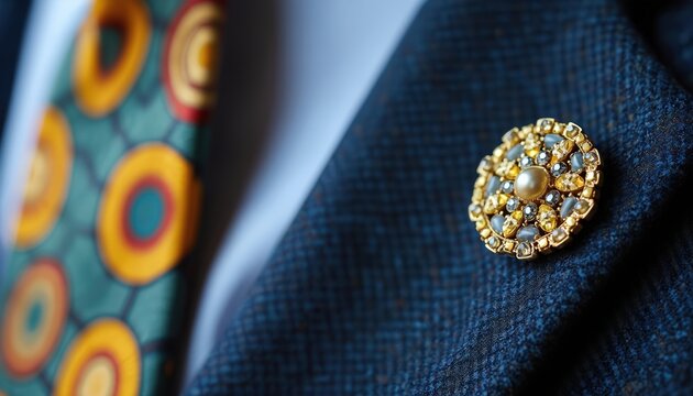 Gold lapel pin with pearls and crystals on blue plaid blazer. Patterned tie in background. Menswear accessory detail. Formal clothing, elegant style for gentleman.