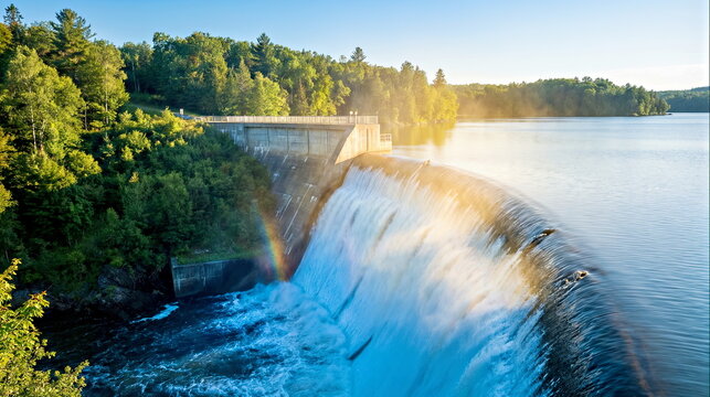 A majestic hydroelectric dam with a powerful waterfall and a vibrant rainbow under golden sunlight, symbolizing sustainable energy, water management, and natural beauty.