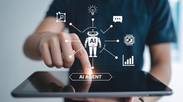 Person interacting with AI agent icon on tablet screen