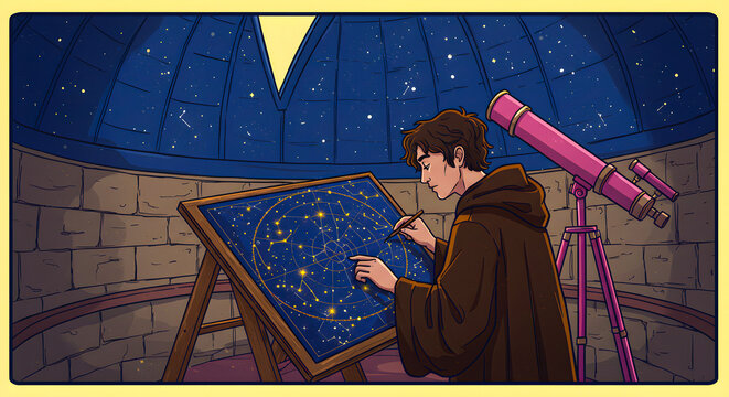 Illustration of a young man studying a star chart in a planetarium under a dome ceiling