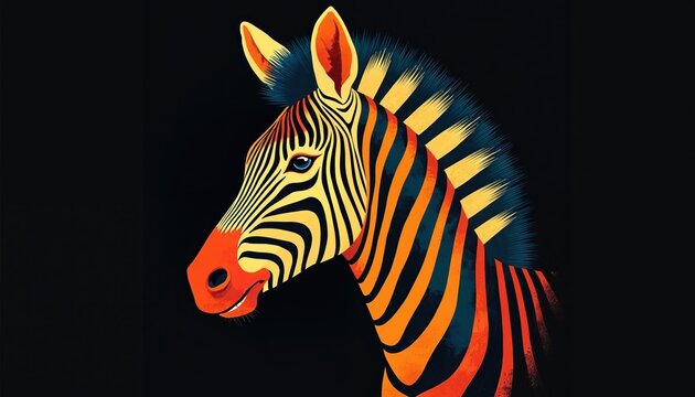 Stylized zebra head illustration with vibrant afrocentric design. Features bold orange, yellow, and dark blue stripes on a black background. Abstract animal art suitable for graphic design.