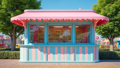 Fototapeta na wymiar Colorful empty kiosk with pastel striped facade and pink canopy in amusement park. Sunny day bright blue sky cheerful funfair shop with outdoor seating area near trees. Retro vibrant stall.