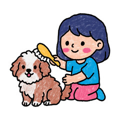 Cute little girl brushing a cute dog with brush in hand drawn crayon texture color