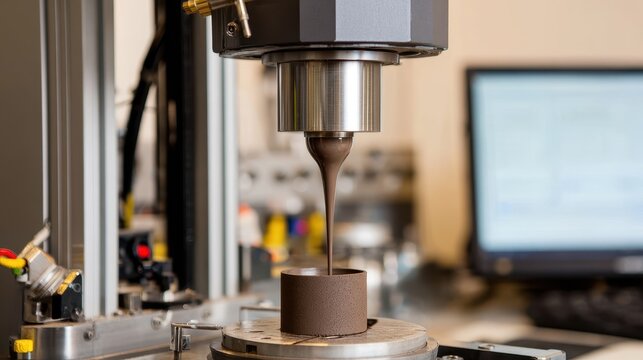 Industrial rheometer testing thick chocolate paste in a laboratory