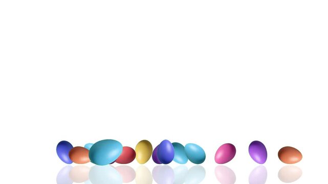 4K cute loop animation of a blue Easter egg rolling ahead of a group of colorful eggs on white background, enhanced with soft reflection, creating a playful and dynamic holiday scene.