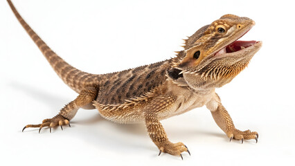 Fototapeta premium Captivating close-up photograph of a common bearded dragon lizard displaying its open mouth and spiky scales against a stark white background setting