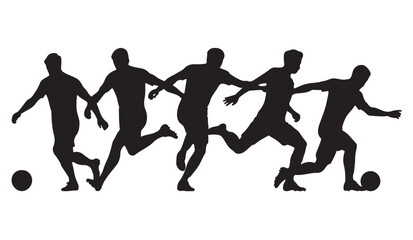 Fototapeta premium Set of five football players silhouettes running with soccer ball kicking action vector