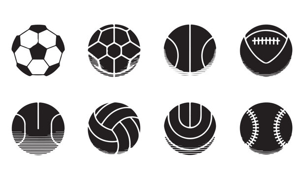 Set of eight black sport balls silhouettes with lines for web design team games competition