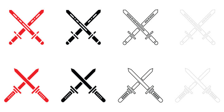 Crossed sword icon vector set, pirate saber scimitar sword saber weapon icon vector, silhouette and line art illustration