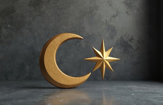 Golden crescent moon and star symbol on dark textured background. Islamic symbol for faith, culture, and tradition. Celestial object icons for spirituality and religious holidays.