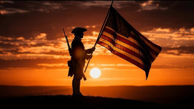 Silhouette of a Revolutionary War soldier holding an American flag at sunset with dramatic sky