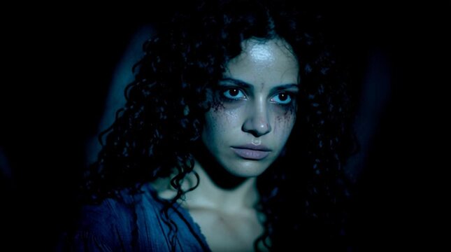 Halloween plot: frightened woman stammers as she faces something unexplained and extraterrestrial