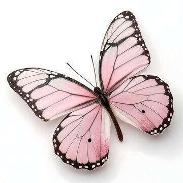 Delicate pink butterfly specimen with subtle dark markings rests gently upon a clean bright white surface emphasizing its fragile beauty and intricate wing patterns