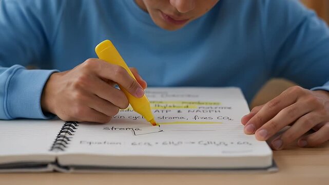 Focused student highlighting photosynthesis notes with yellow marker for academic success