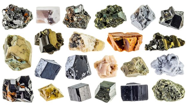Collection of Diverse Mineral Specimens on White Background.