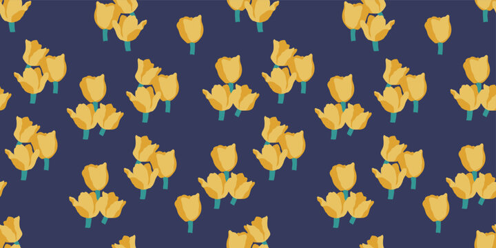 Seamless pattern of yellow tulips on a dark blue background, a cheerful floral design